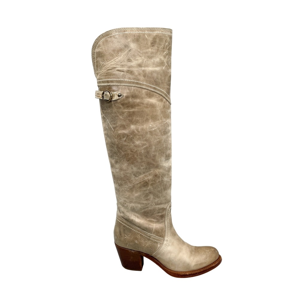 Frye Womens 5.5 B Jane Tall Cuff Over The Knee Boots Tan Distressed Leather Heel